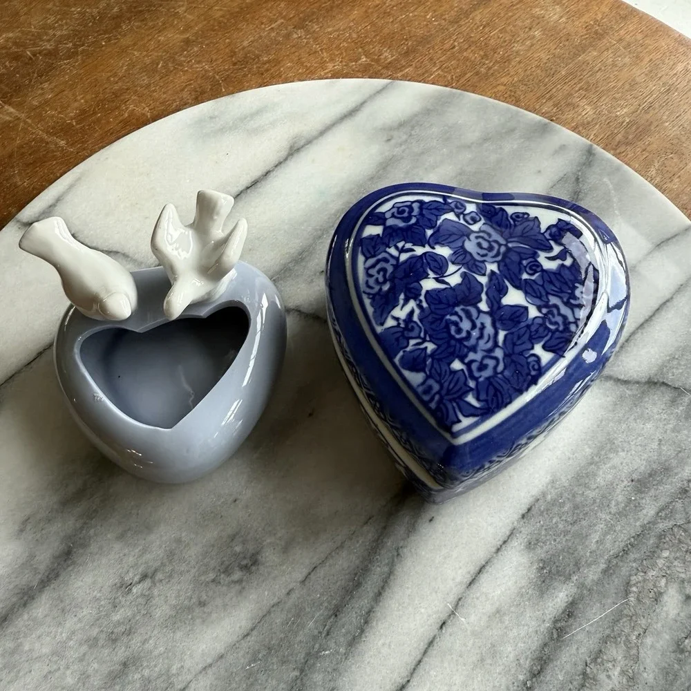 Pair Of Blue Heart Shaped Trinket Dishes One Like Flow Blue/Lid, One With Birds